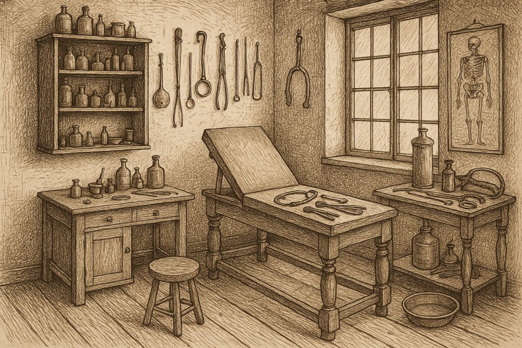 ilustración antigua de un consultorio del siglo XIX con instrumentos médicos rústicos.