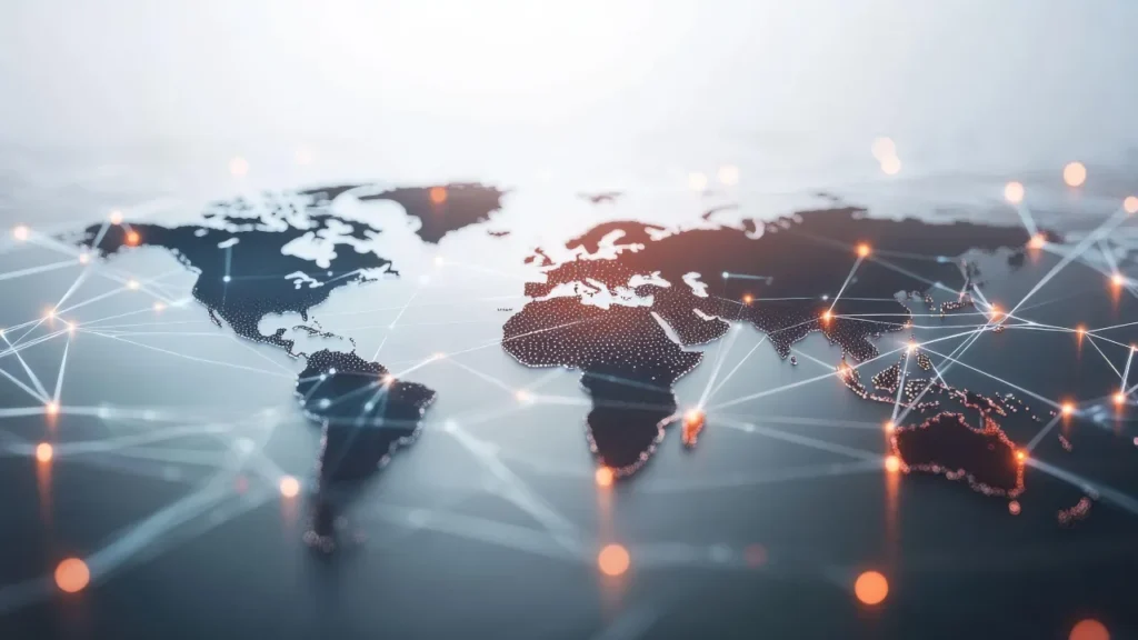 mapa del mundo conectado por lineas doradas