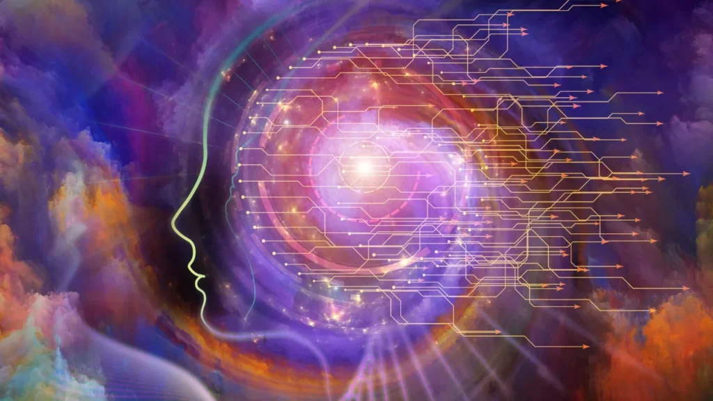gura de rostro humano compuesto por formas universales y energéticas