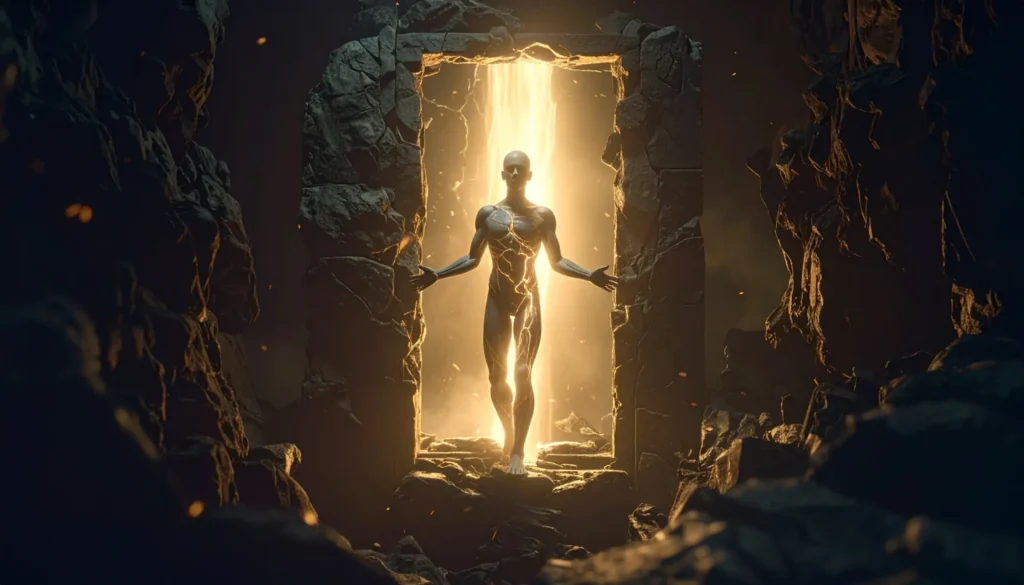 figura humana levitando en el marco de una puerta de rocas
